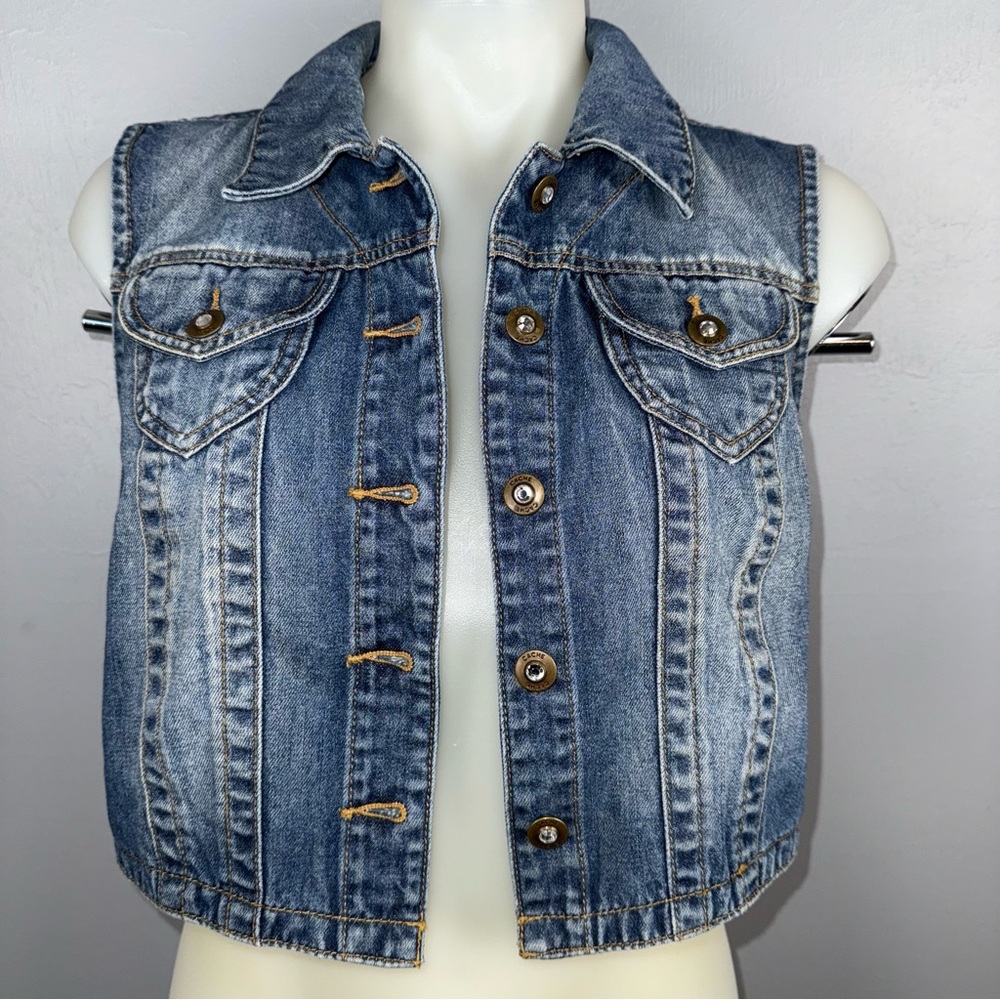 Cache Jean Vest Women’s Large Blue Denim Cropped Bottom Down Western Vintage